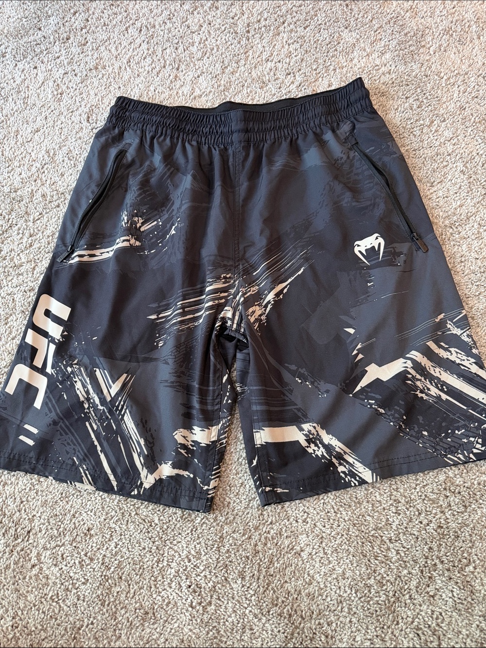 UFC Black Athletic Shorts with Cream Graphic Accents